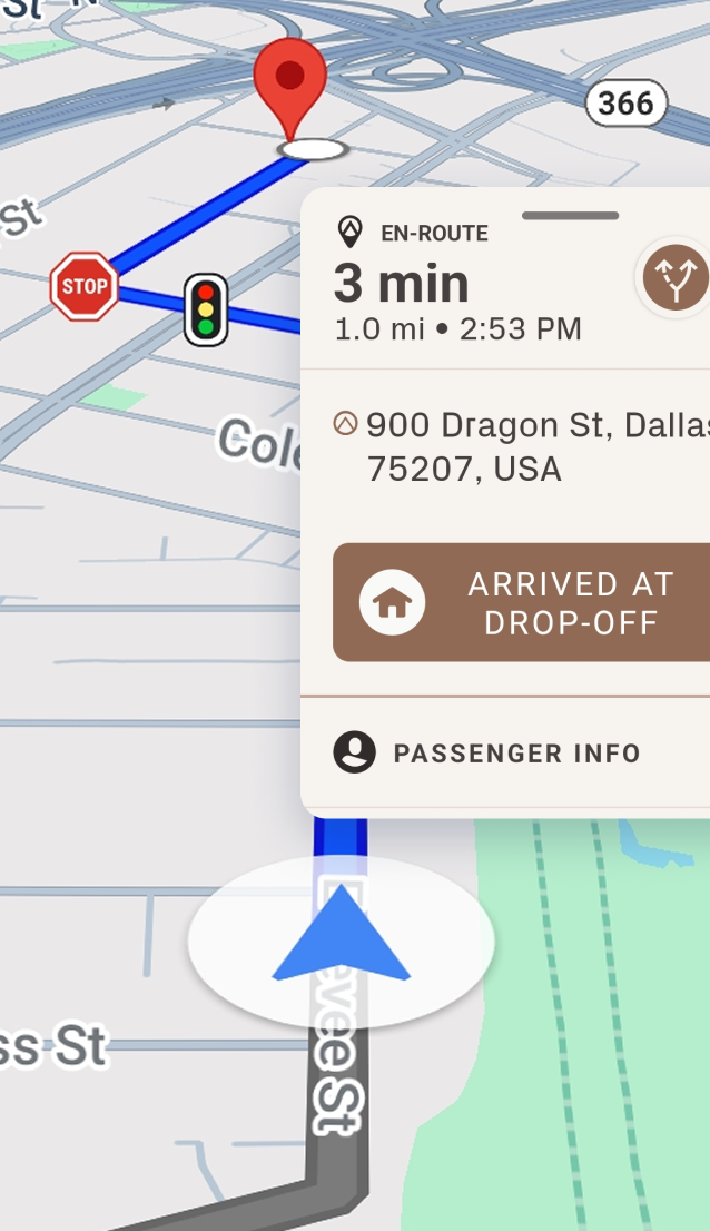 2D map with directions and a UI overlay with transportation details
