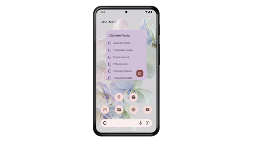 Using the Keep widget on an Android home screen to tick off a shopping list.
