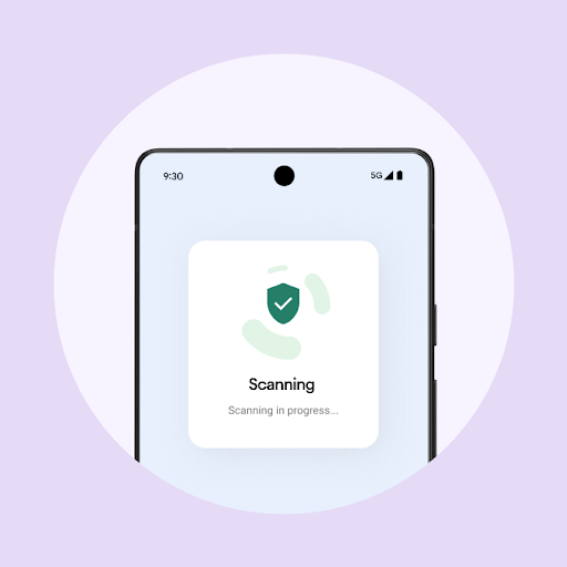 A close-up of the upper right-hand corner of a phone is inside a circle frame. A transparent white box in the centre has three icons at the top for Menu, Google Messages and Phone. Beneath it is bolded, 'No harmful behaviours found' and 'Play Protect scanned moments ago'.