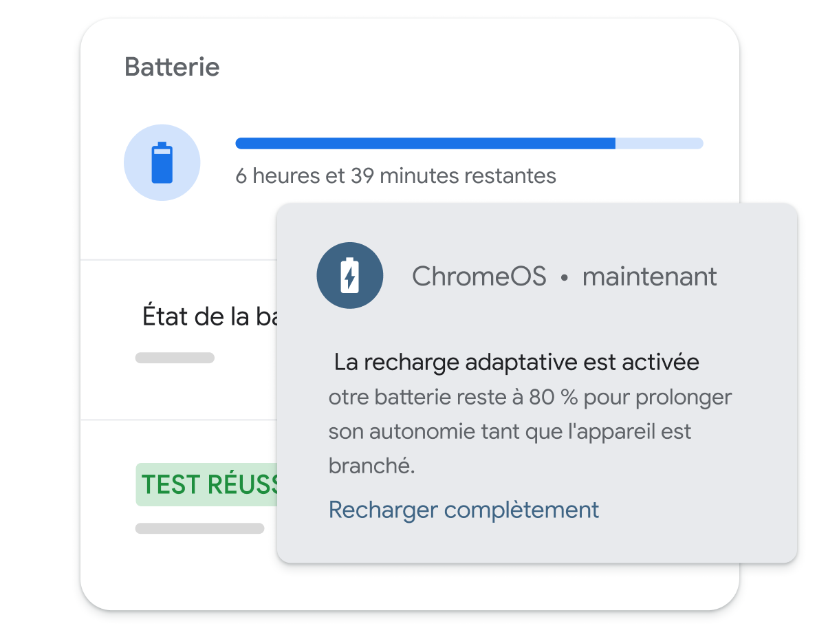 Notification indiquant que ChromeOS utilise la recharge adaptative pour préserver l'autonomie de la batterie.
