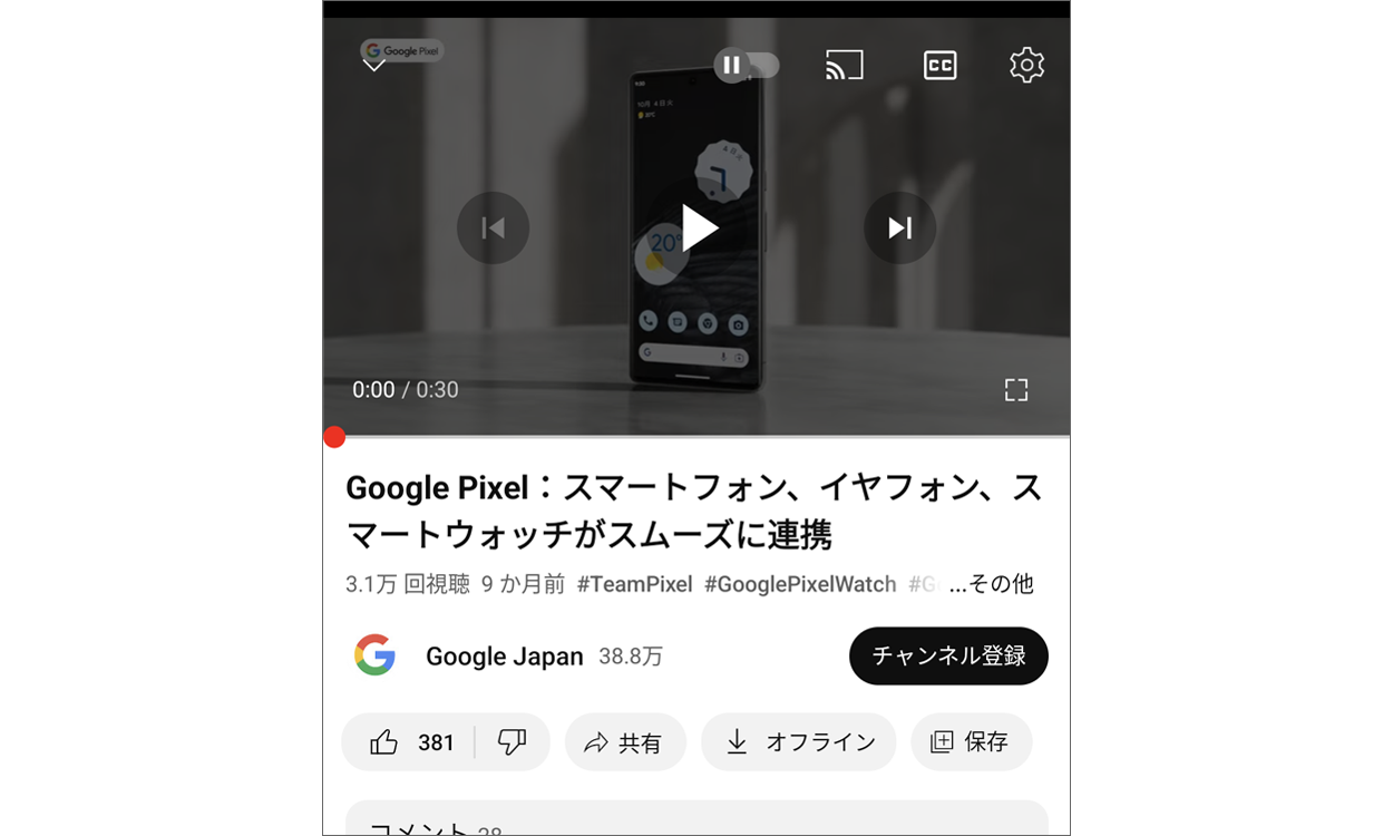 動画再生の一時停止中の画面