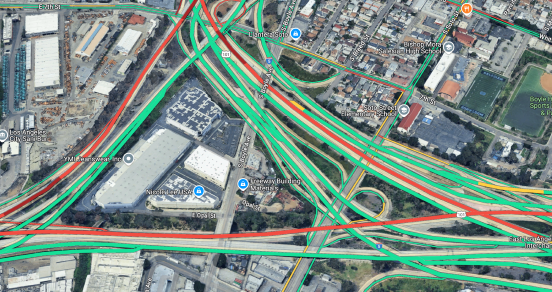 A map showing colour-coded traffic data