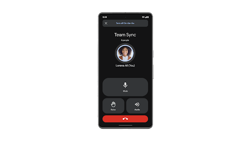 Activating Google Meet On-the-Go mode to use larger, easier-to-use buttons during a team meeting on an Android phone.