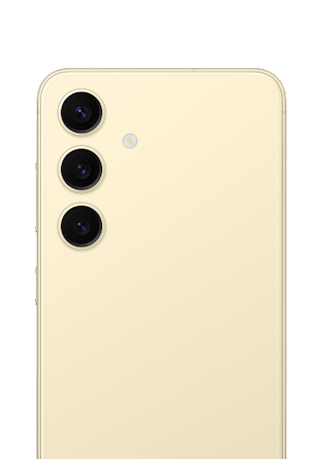 The back of the Samsung Galaxy S24 in amber yellow sitting on a light yellow background. The cameras are the main feature being shown off. This phone is available for order.