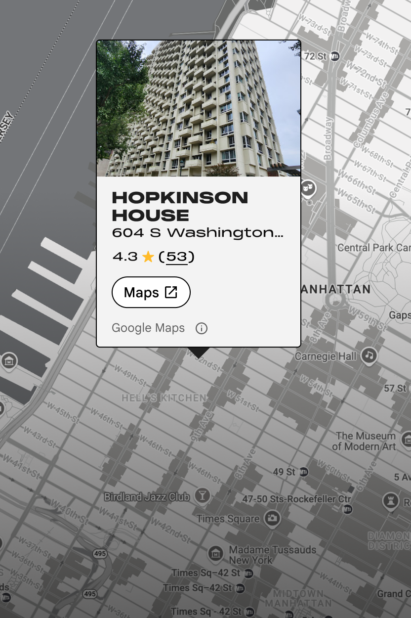 A branded Places detail card for an apartment building displayed on a map.