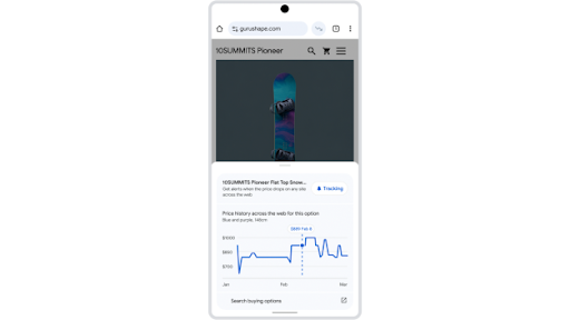 Tapping the ‘Price is low’ button in Chrome on an Android device to see the price history of an item.