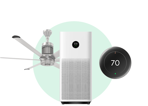 Collage of home climate products by Google Home