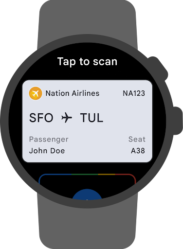 A smartwatch screen showing a flight boarding pass with details including airline name, flight number, departure and arrival airports, passenger name and seat number. Above the boarding pass is the text 'Tap to scan'. Below the boarding pass is an option to add a new card or pass.