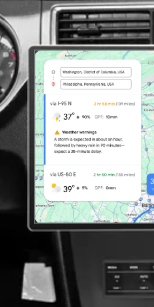 Car dashboard with weather warning UI on navigation screen