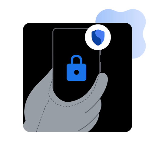 An illustration of a hand holding a phone with a blue lock icon and shield on a black background.