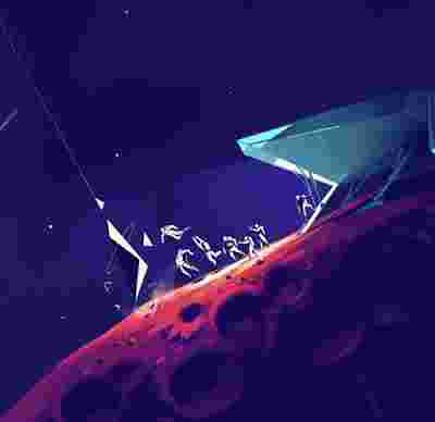 An illustration of space explorers in white suits moving around on a distant planet, against a deep purple sky.