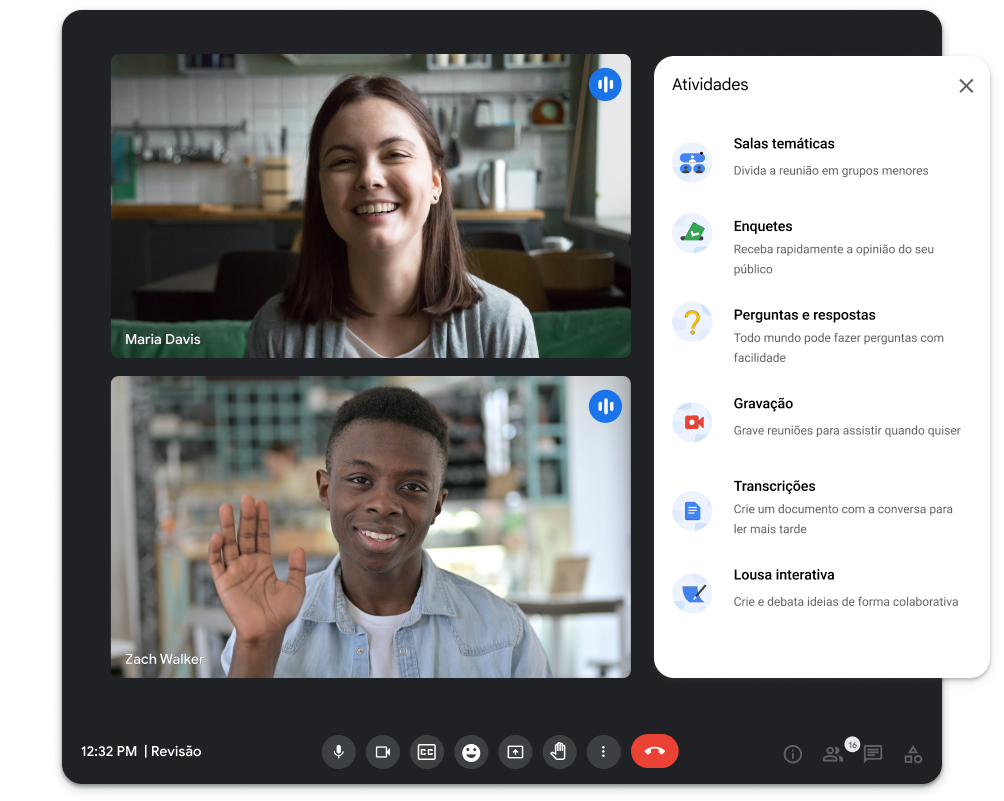 Uma captura de tela do Google Meet mostra duas pessoas, Maria e Zach, em uma chamada entre si, bem como todos os recursos que eles podem acessar durante a ligação.