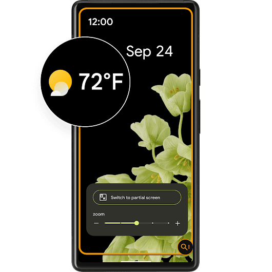 Android phone lock screen with a zoomed-in view of the weather in a circle. 22 degrees Celsius with a partial sunny icon.