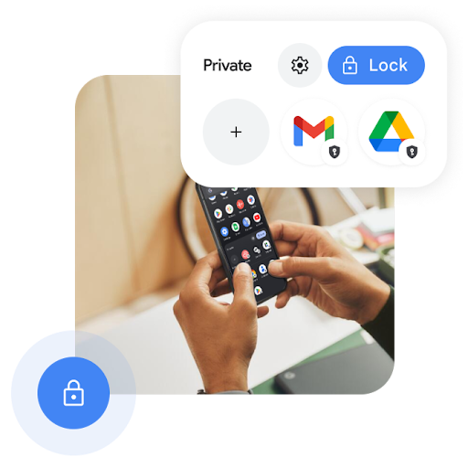 Two hands holding a mobile phone inside an office with a cycle in the background. The phone screen shows numerous apps. Above the image is an abstract example of one of Android's security app features. Below is a blue lock icon