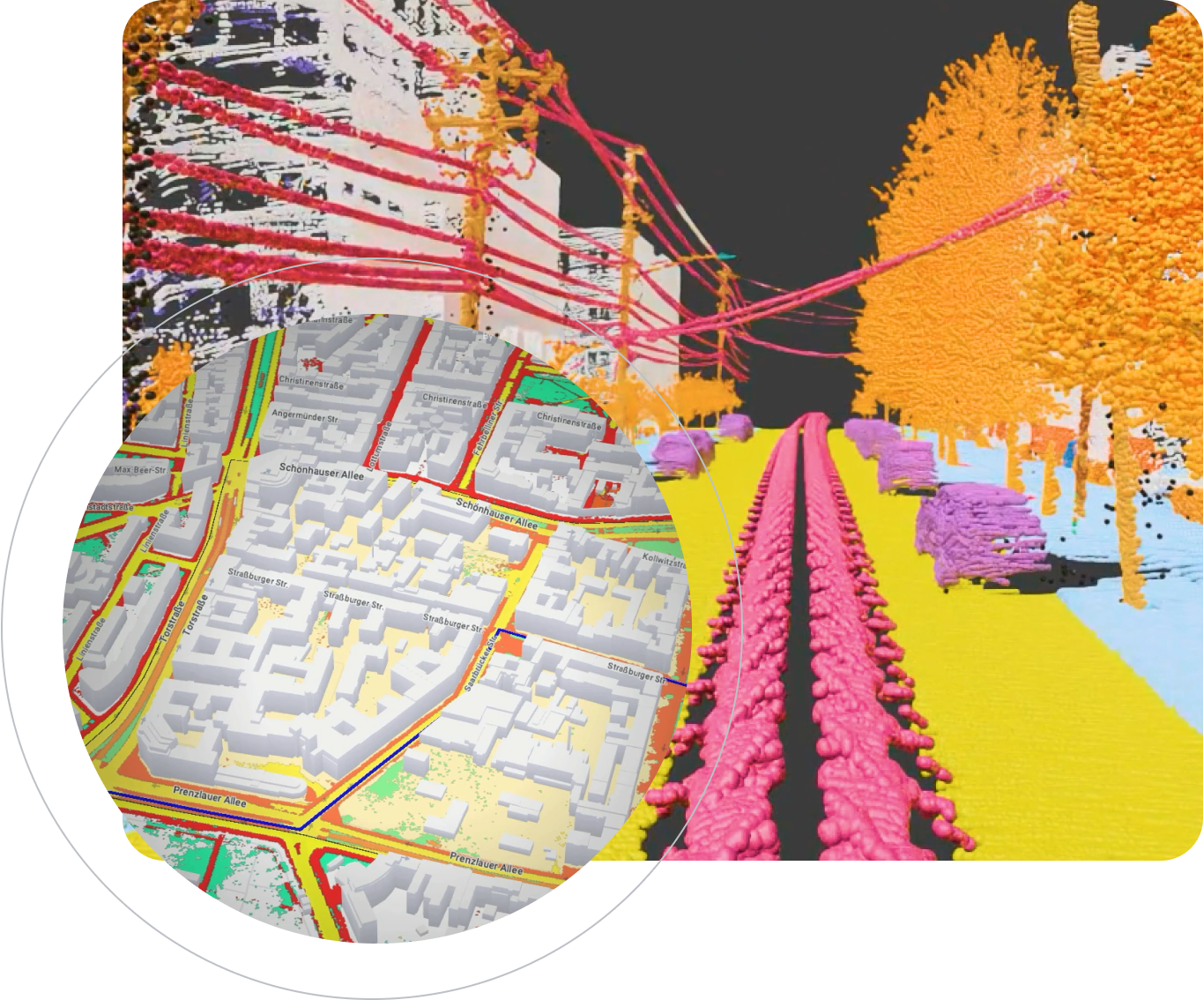 3D-rendered city street visualisation with colour-coded infrastructure, overlaid with a detailed digital map.