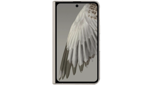 A Google Pixel Fold faces forwards, displaying a crisp photo of a bird's wing.