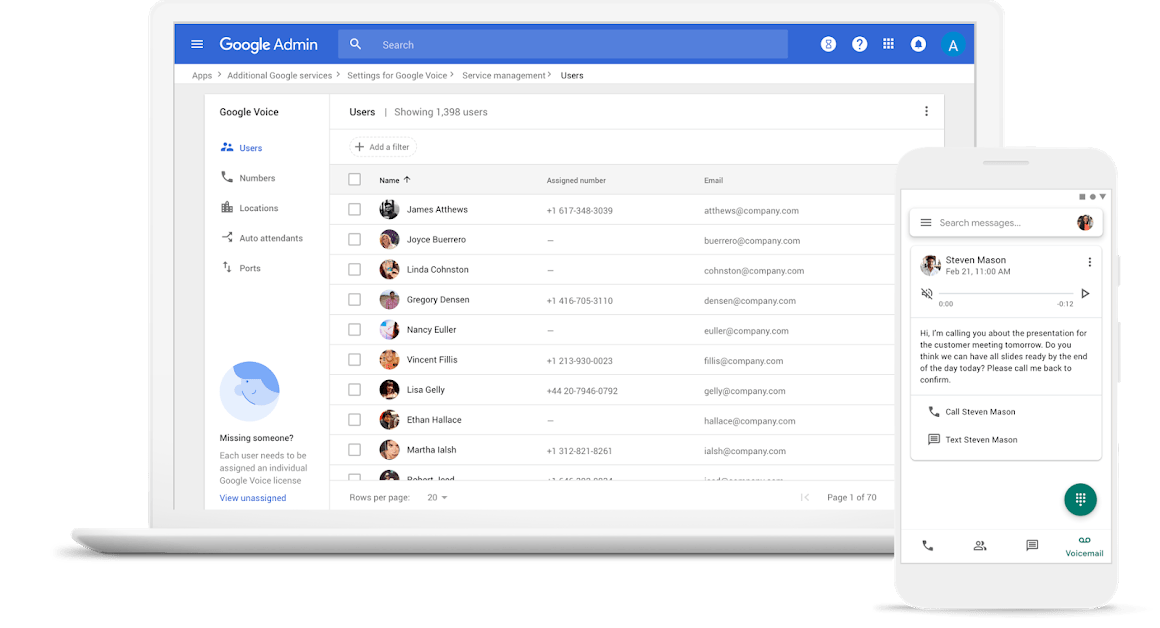 Google Voice admin UI on laptop 