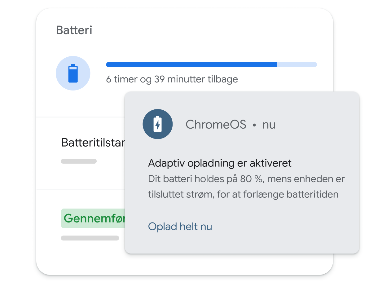 En batterinotifikation viser, at ChromeOS bruger adaptiv opladning for at forlænge batteriets levetid.