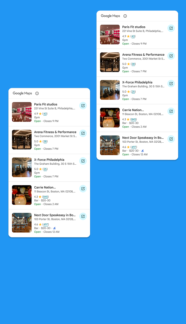 The results of a place search for nearby gyms and fitness studios.