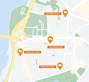 Map showing the locations of four numbered delivery trucks