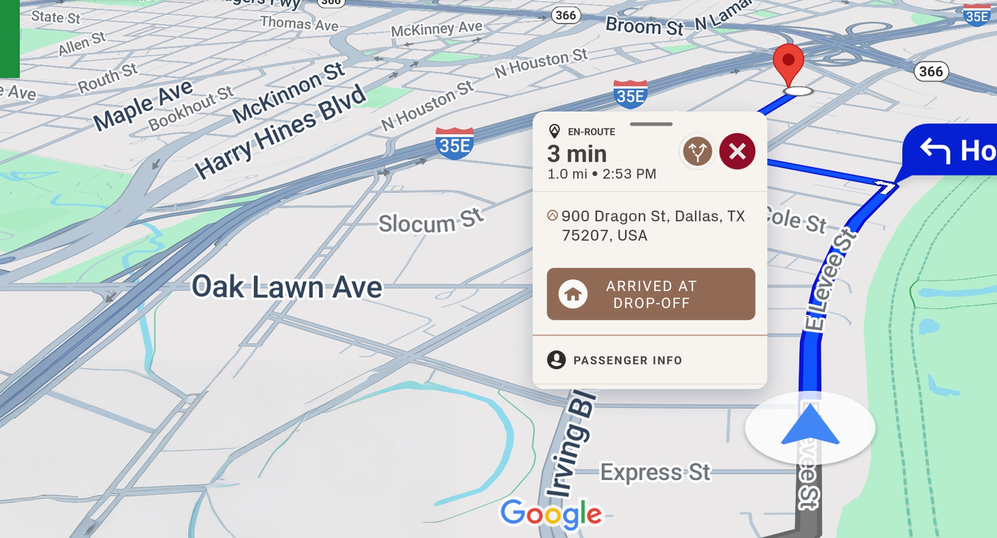 2D map with directions and a UI overlay with transportation details