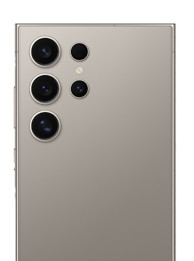 The back of the Samsung Galaxy S24 Ultra in grey sitting on a light grey background. The cameras are the main feature being shown off. This phone is available for order.