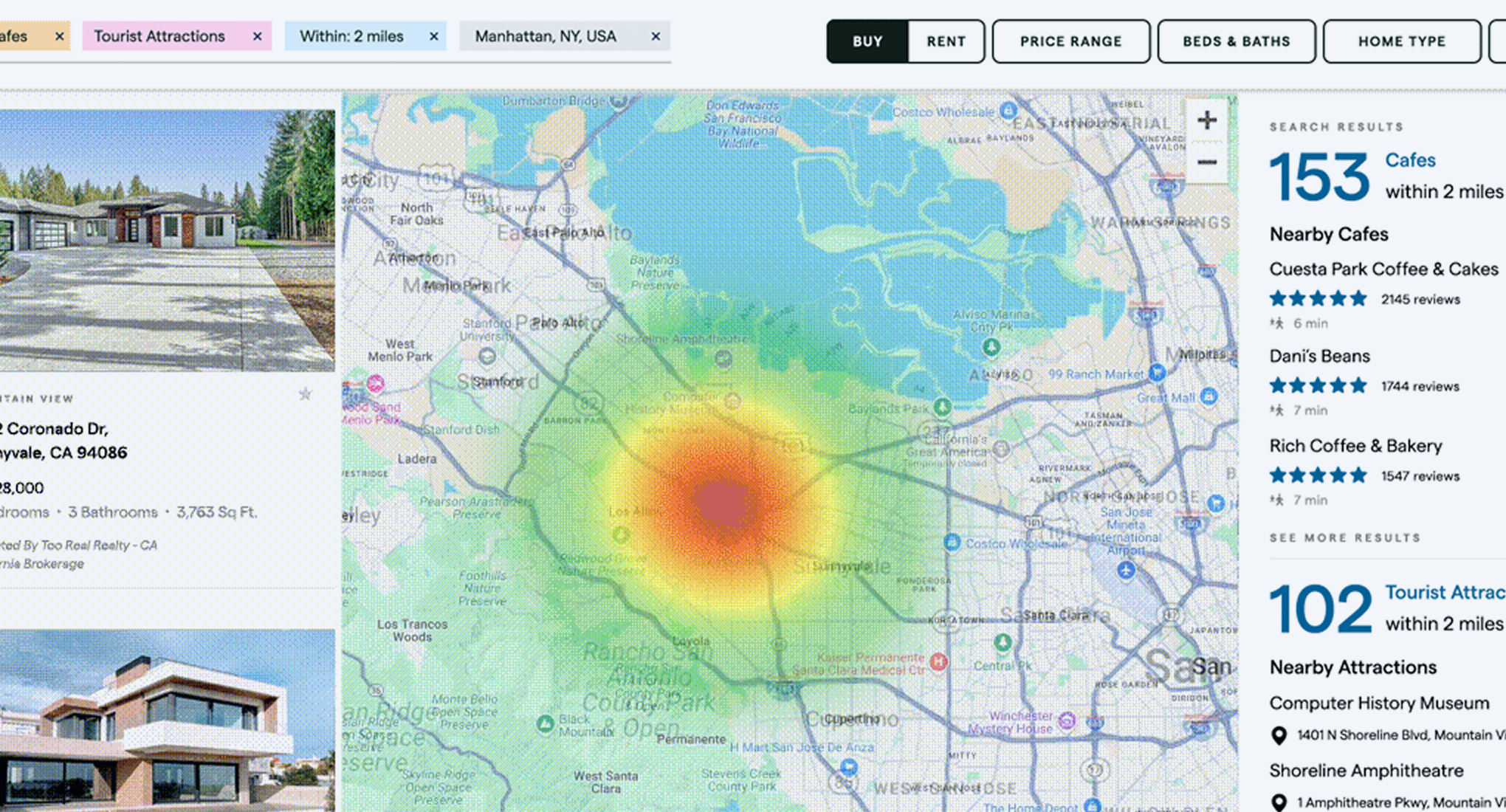 City map UI with cafes and tourist attraction search results