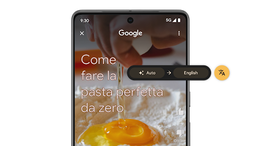 Holding down the navigation bar on an Android phone to invoke Circle to Search, then tapping the translate button to reveal an instant translation of the on-screen text.