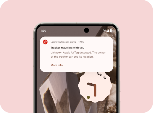 A phone lock screen displaying an alert that reads 'Tracker travelling with you'.