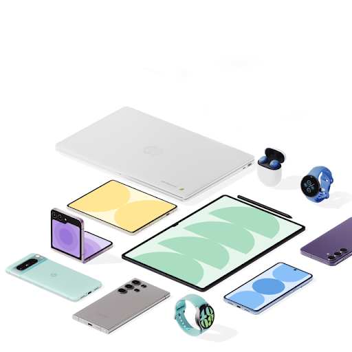 Multiple Android devices, including a flip phone, phone, laptop and tablet slide into view.