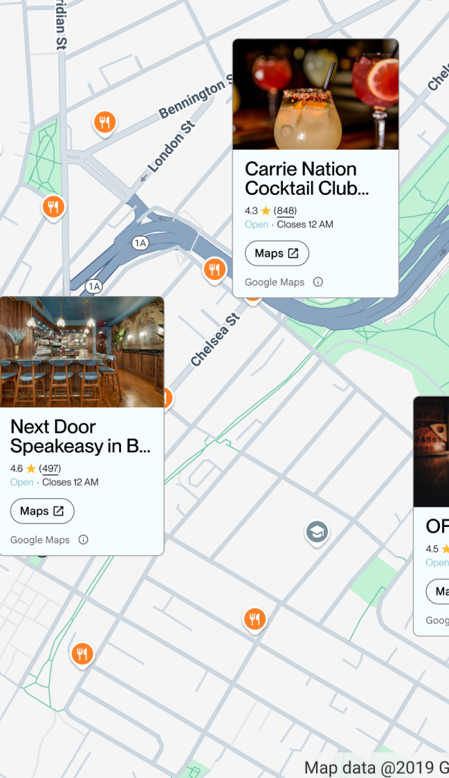 A map with location details about nearby bars.