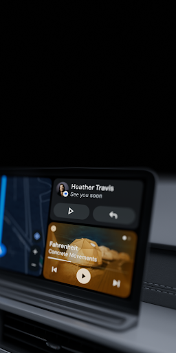 A car display shows a text notification and a song being played on a streaming app.