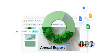 A Google slides doc is being edited in a Chromebook and the slideshow feature is highlighted, with other Google Workspace apps icons and three user profile pictures popping out
