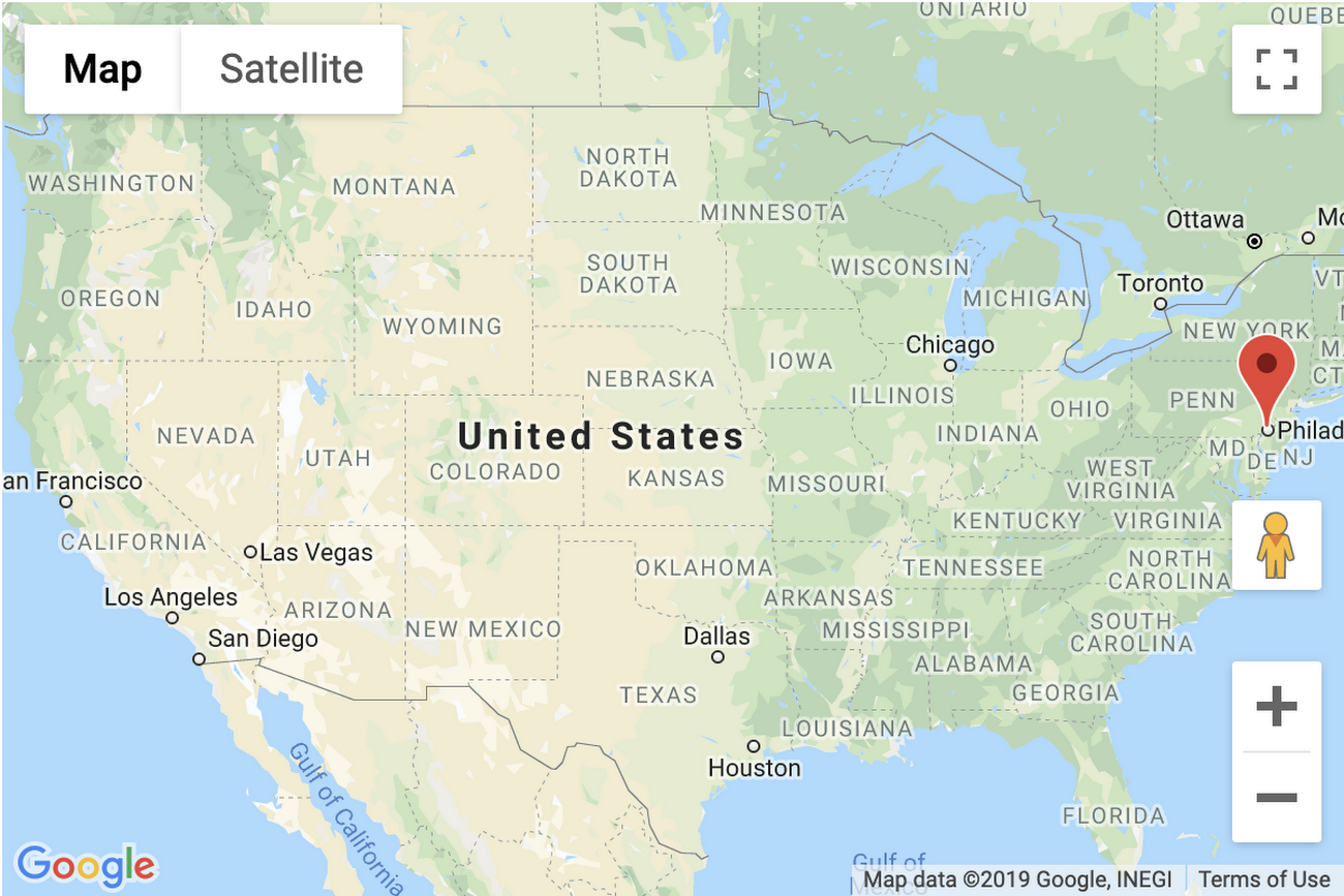 Google Maps UI of the United States with a pin in Philadelphia. 