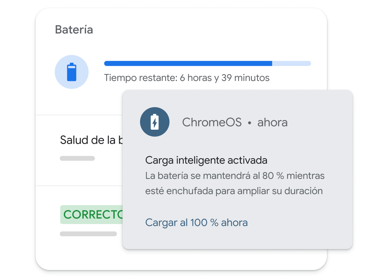 En una notificación de la batería, se muestra que ChromeOS está usando la carga adaptable para conservar la duración de la batería.