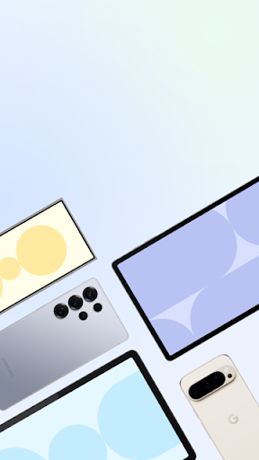 An image of various Android devices, including smartphones and tablets, with pastel designs on screens.