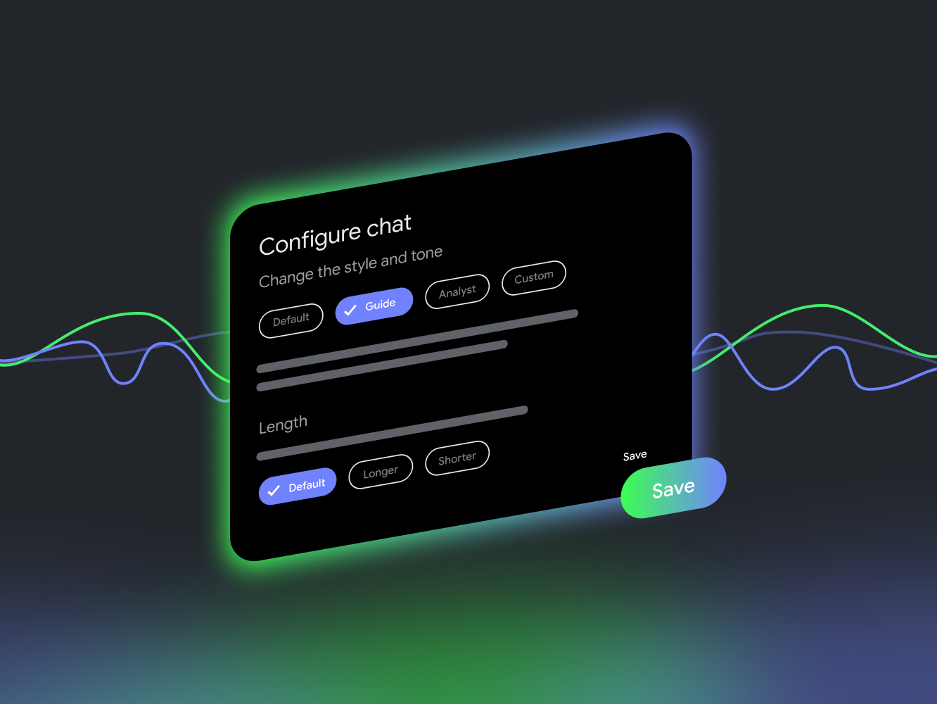 A dark mode image of a “Configure Chat” box with ways to “Define your conversational style” and “Choose your response length.”