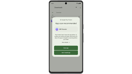 On an Android phone, Google Play Protect scans an app, then determines that it is harmful and blocks it.