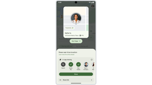 A user is sharing their live location for one hour with trusted contacts using Google's Find My Device on an Android phone.