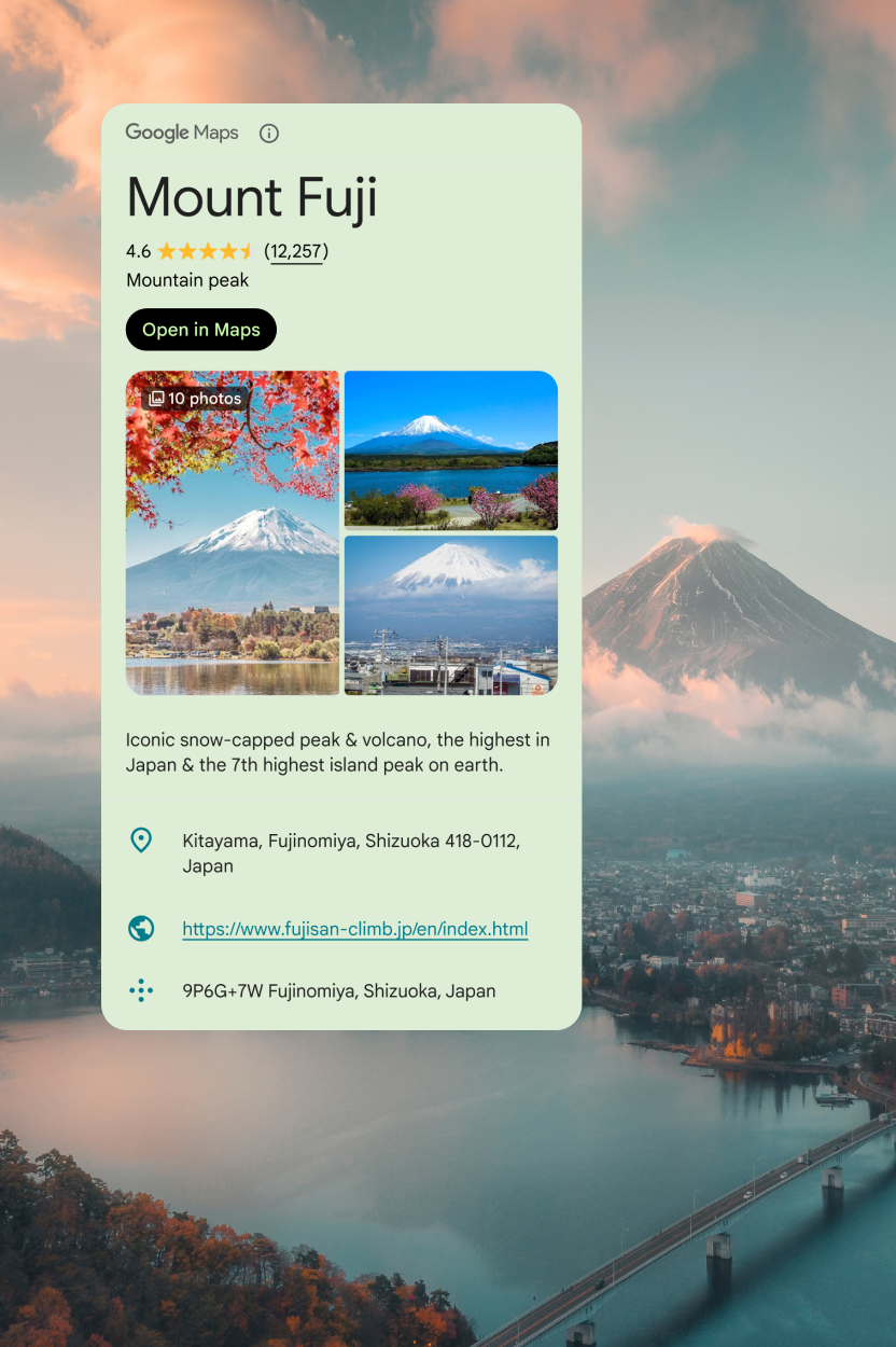 A Places detail card for Mount Fuji with several photos and location information, superimposed on a photo of Mount Fuji.