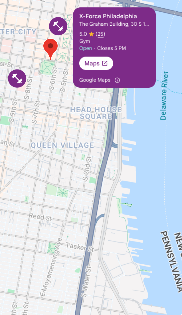 A map of a Philadelphia neighborhood with Places data about nearby sports and recreation facilities.